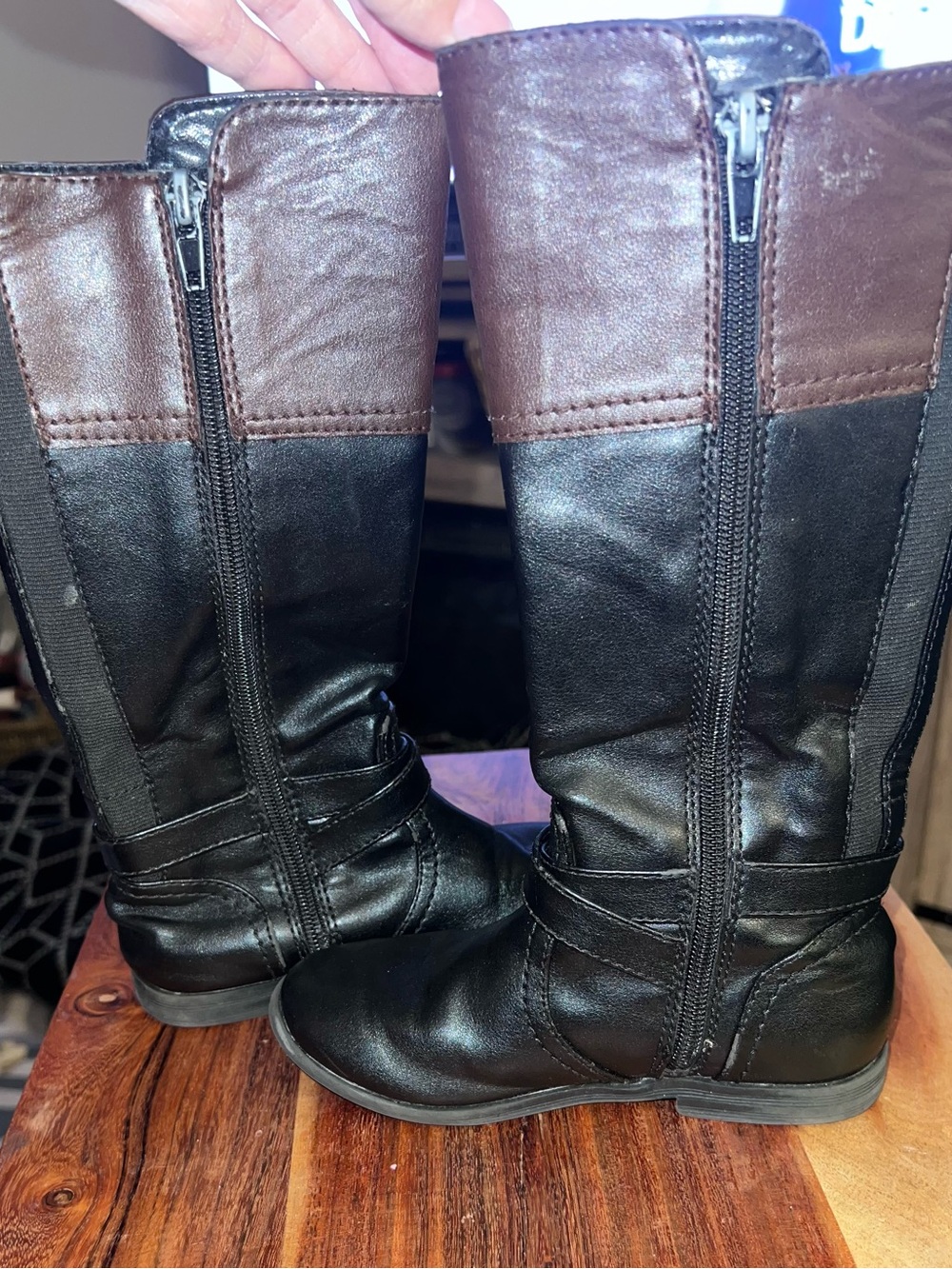 Nine West Girls Juno Tall Riding Boots Black Brown Gold Size 11